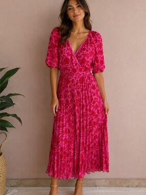 MANGO Pink Floral Pleated V-Neck Women's Dress